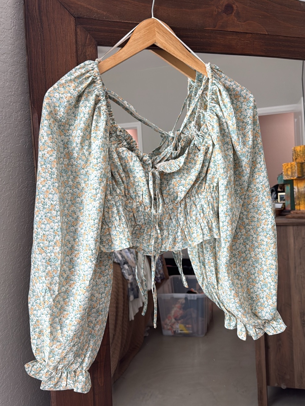 Floral Tie-Front Puff Sleeve Blouse in Light Blue and Yellow